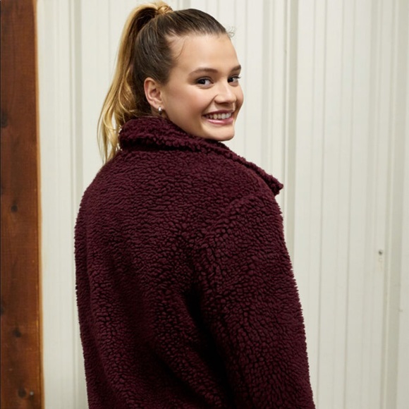 Pacsun Burgundy Sherpa Zip Up - Picture 3 of 5